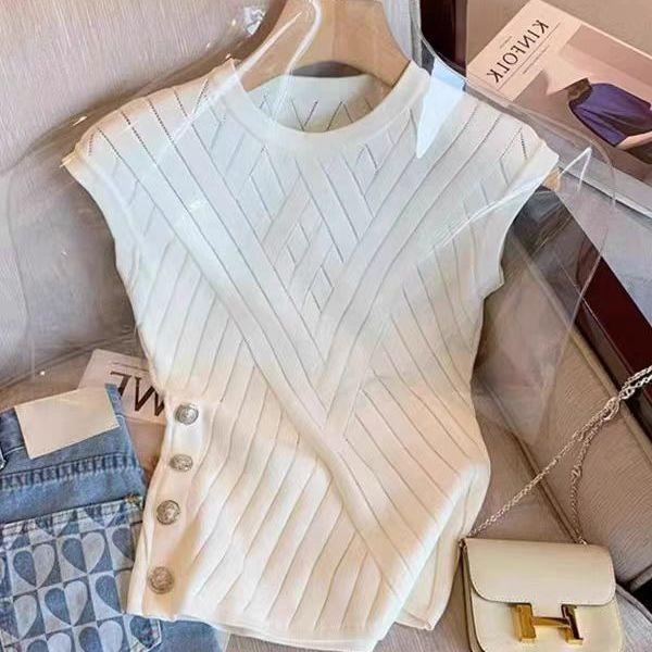 

Женский вязаный летний топ без рукавов с круглым вырезом в французском стиле, уникальный дизайн футболки, темпераментный приталенный топ one size белый