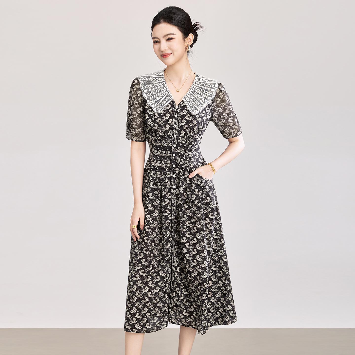 High-Quality French Romantic Horse Print Color Block Lapel Dress for Women - Summer Style XXL чёрный