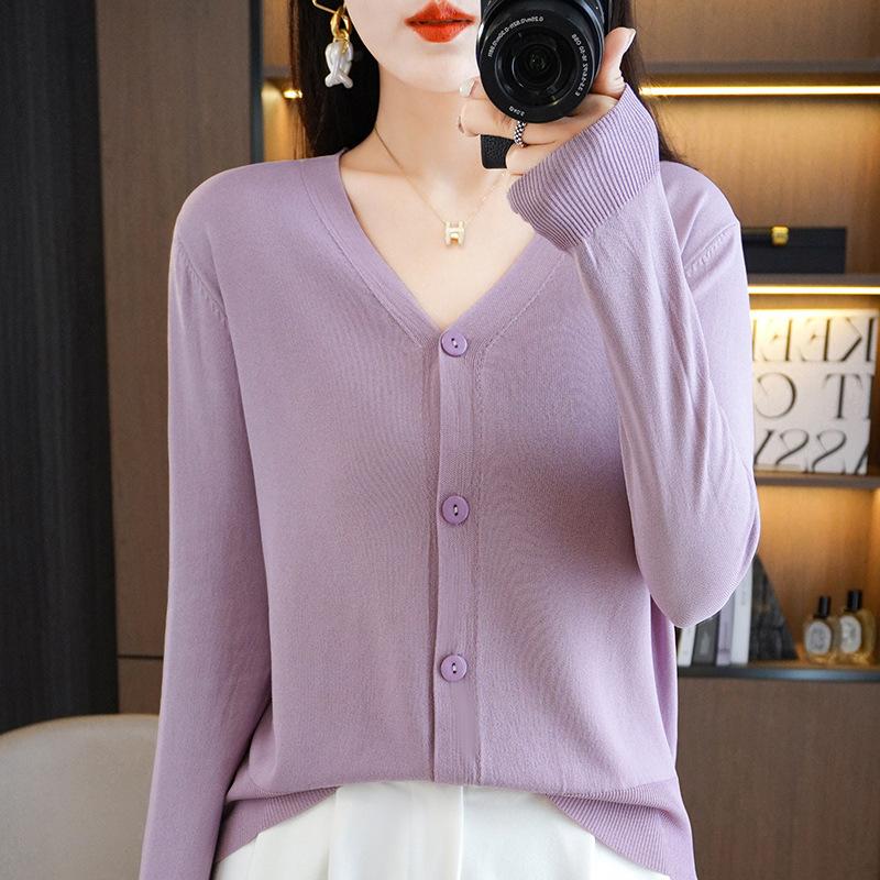 IHUASU Summer Thin Long-sleeved Ice Silk Knitted Women Cardigan Jacket Sun Shirt Air Conditioning Shirt with Skirt V-neck Outwear Tops
