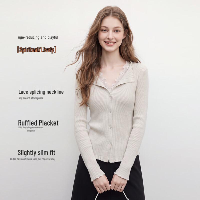 Hstyle Women's V-Neck Lace Patchwork Knit Cardigan