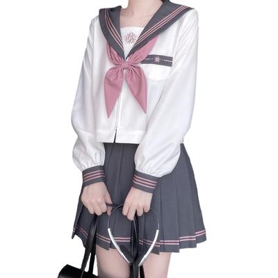 [GSYCL] Uniform, Langarm, Rosa Schleife, Matrosenuniform, Blume, High School Mädchen, 3-teiliges Set, Halloween, Damen, Kostüm, Oberteil und Unterteil,