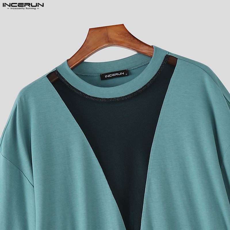 INCERUN Sommer Herren Kurzarm Netz Durchsichtig Patchwork Lässig Locker Oberteile T-Shirts