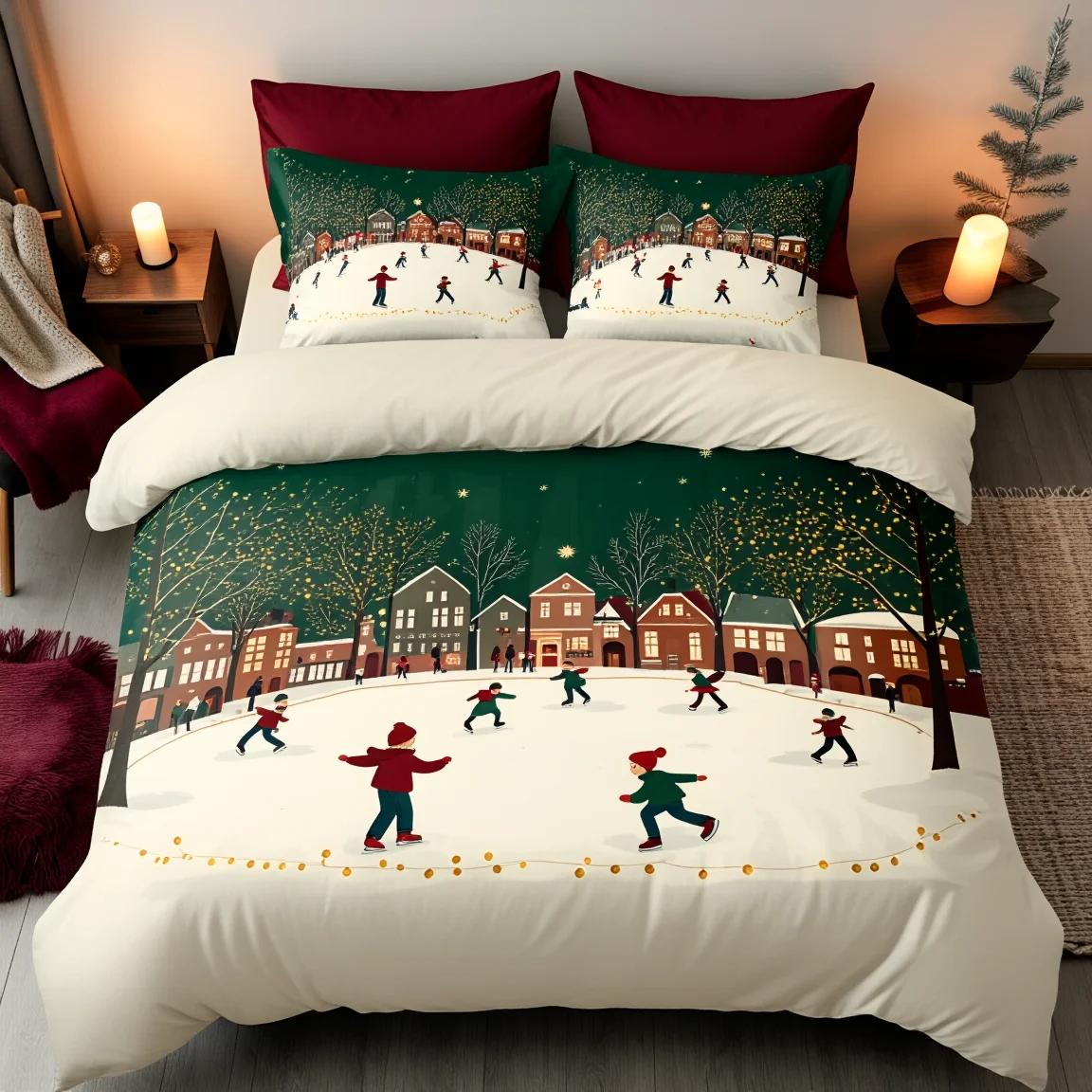 

Comforter 3Pcs Christmas Story Town Bedding Set Warm Village Print Soft Polyester Queen Size Home Decor Holiday Gift Comforter (quilt)-EU Single(135*200cm)3pcs