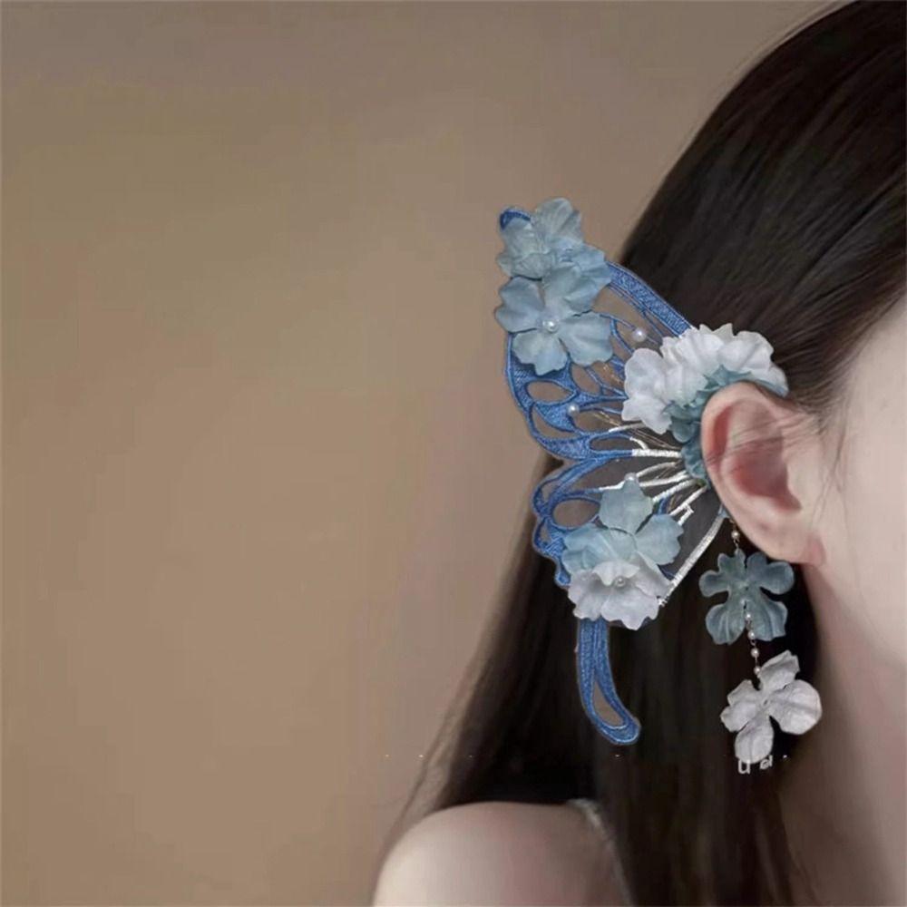 Mesh Tassel Duckbill Clip Imitation Pearl Flower Hair Clip Fairy Large Butterfly Hairpin  Daily