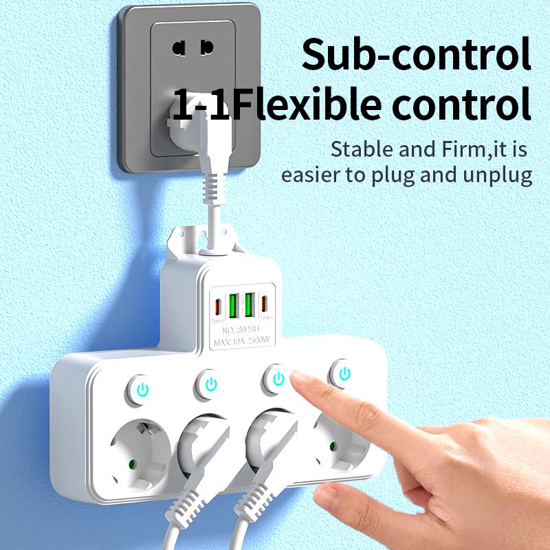 Multipresa EU con Interruttori Individuali e 4 Prese AC – Design Portatile, Porte USB/Type-C Opzionali