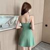 Chic Waist-Cinched Spaghetti Strap Low-Cut Dress with Wide Hem