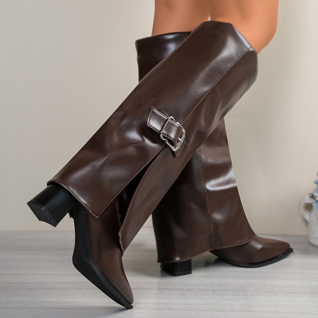 British Versatile Belt Buckle Pointed Women's Boots Comfortable Boots Thick Heel Personality Pant Pants Boots Knee Fashion Boots