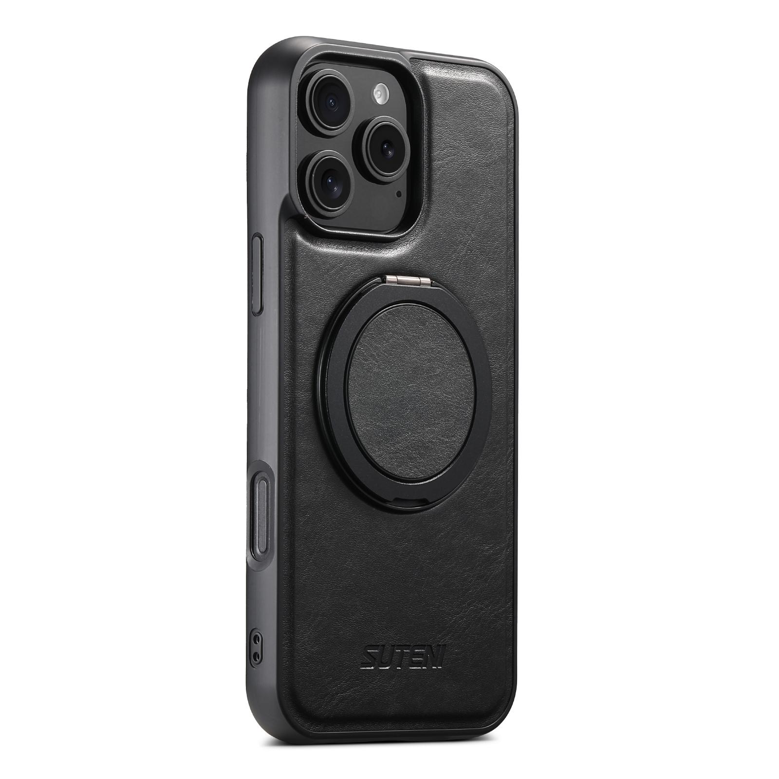 Suteni Ölwachs PU-Leder Kabelloses Laden Handyhülle 360° Drehbarer Ständer Schnalle Für Iphone 16 Pro Max 15 Plus 14 Pro 13 12 For iPhone 14 gray