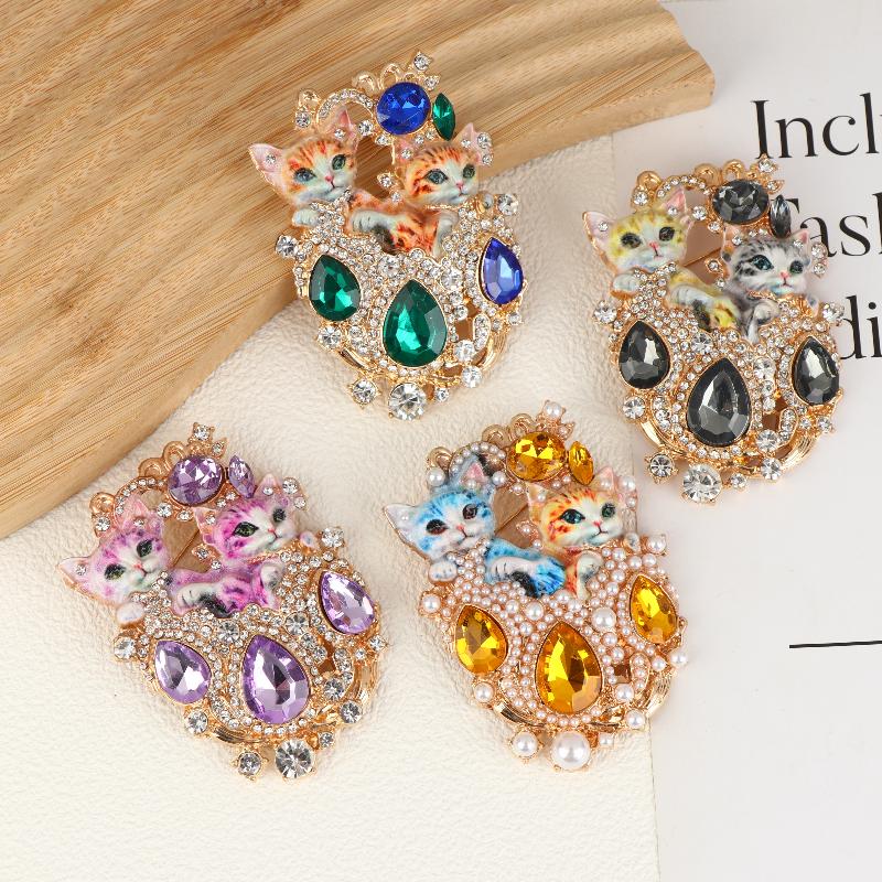 Vintage Baroque Jewelry Brooch Set With Double Cat Design Women Elegant Rhinestone Embellishments Perfect Daily Wear Or Gifting