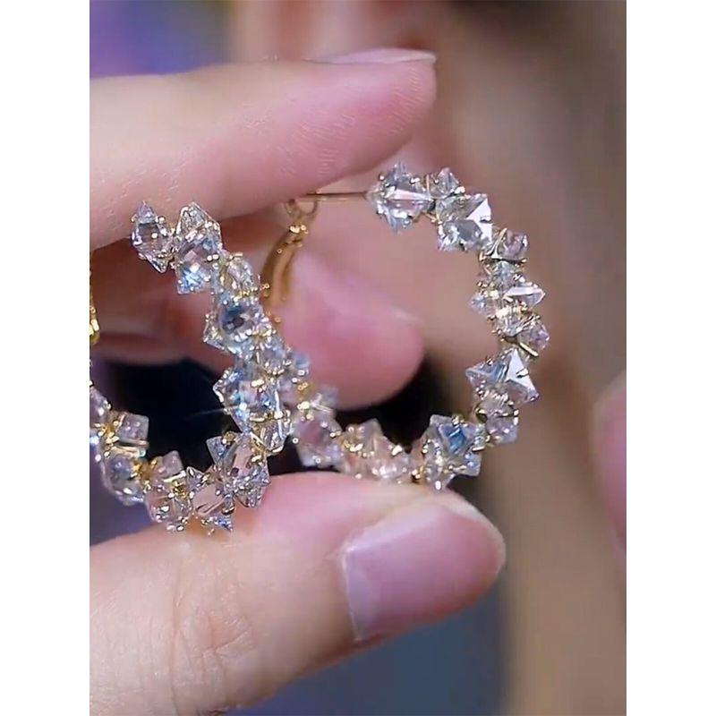 and American Style Exquisite Geometric Silver Zircon Hoop Earrings, Simple and Versatile, Light Luxury French Style New Earrings, Hoop Earrings