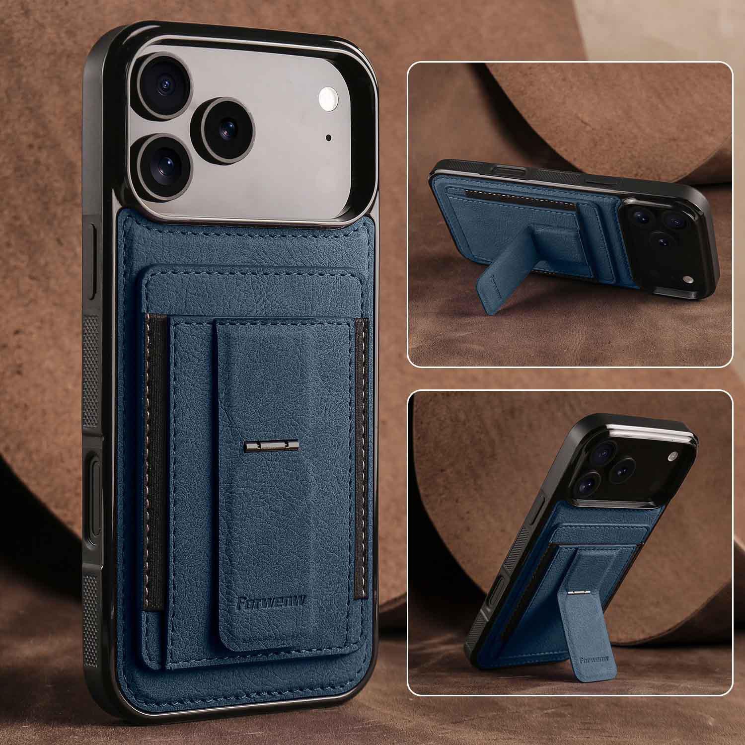 

Forwenw iPhone 17 Pro Max Card Slot Stand Case - Protective Cover with Card Holder for Apple 15 Pro/16. iPhone 12 Mini синий