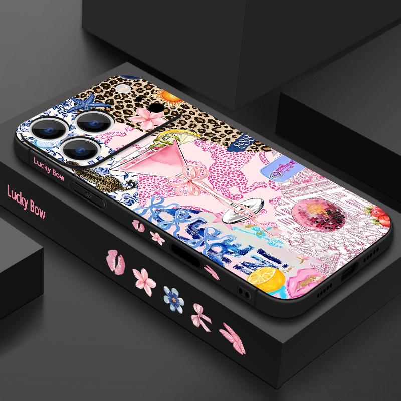 For iPhone 17 Pro Max Case Pink Goblet Bowknots Disco Ball Soft Silicone Lanyard Cover For iPhone 16 Pro Max Cover iPhone 15 14 13 12 11 16E