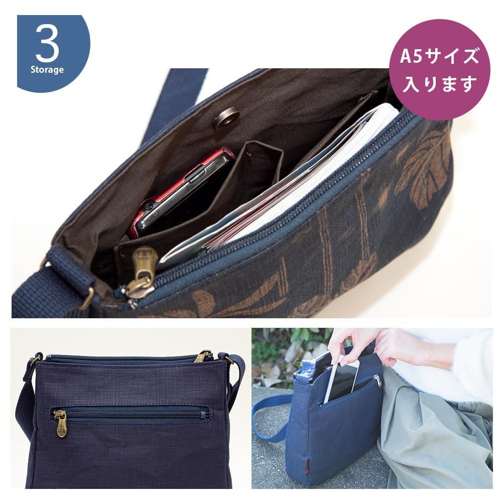 [creare Kiki] Women's Shoulder Bag, Crossbody, Lightweight, Made in Japan, Kimono Style, Indigo, Persimmon Tannin Dyed Kyoto Canvas, Crepe, Mom's