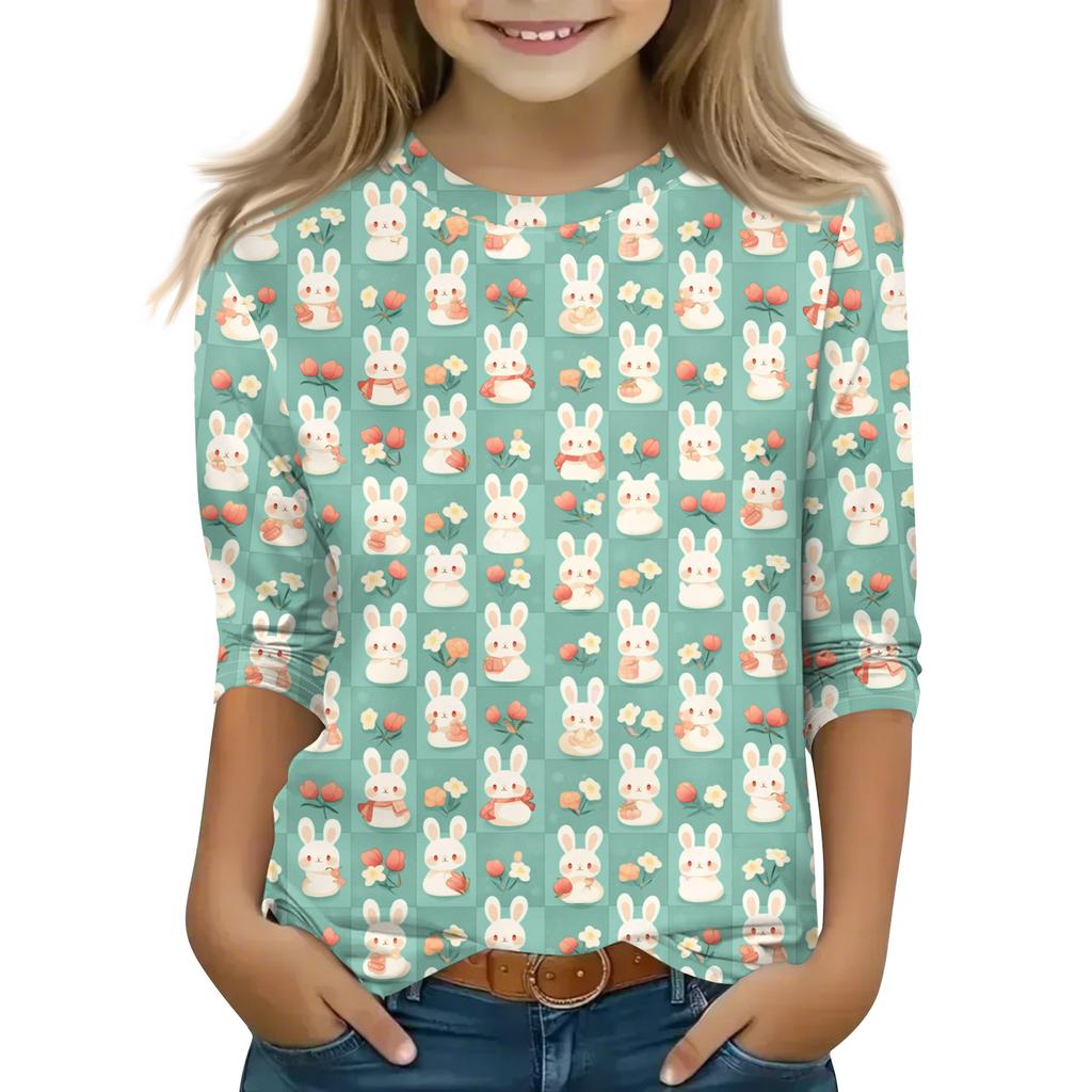 Print Tops For Youth Girls Round Neck 3/4 Sleeves T-Shirts Trendy Tops Outfit Tees