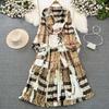 High-end Celebrity Temperament Lantern Long-sleeved V-neck Waist Thin A-word Printed Dress Elegant Pendulum Long Skirt