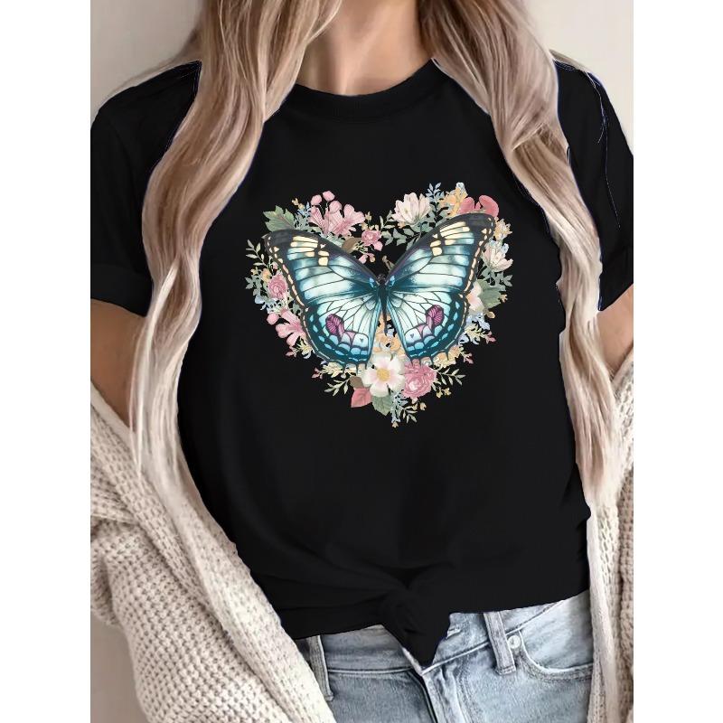 Butterfly Print Crew Neck T-shirt, Casual Short Sleeve Top For Spring & Summer, Women's Clothing
