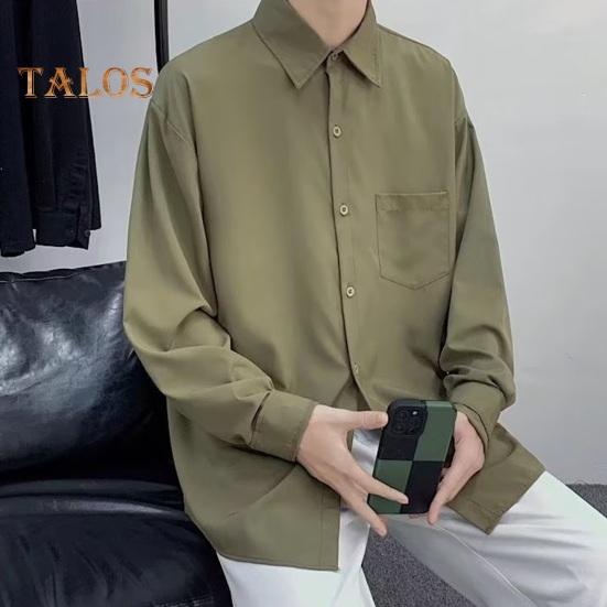 Men Spring Fall Shirt Turn-down Collar Loose Fit Retro Japanese Style Single-breasted Long Sleeves Pure Color Mid Length Young Formal Business Event