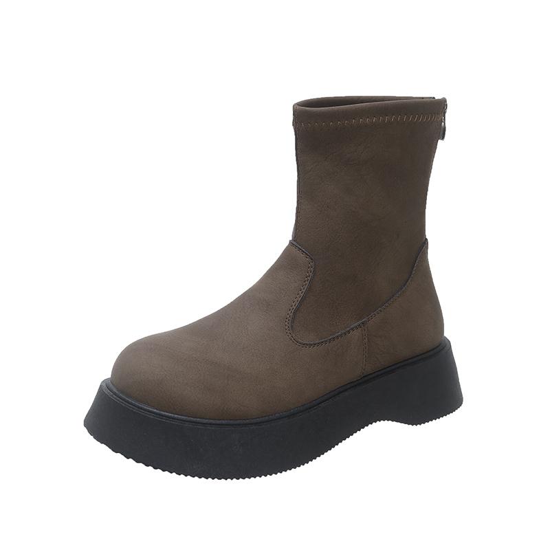 Fashion 2025 Women's Suede Leather Thick Sole Platform Flat Slip-on Autumn Mid-calf Boots Casual Female Punk Half Boots Shoes for Woman