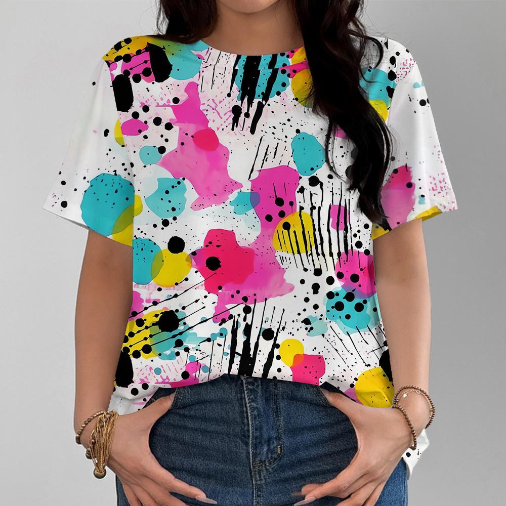 

Women s Casual White Short Sleeve T-Shirt with Abstract Color Splash Ink Art XS