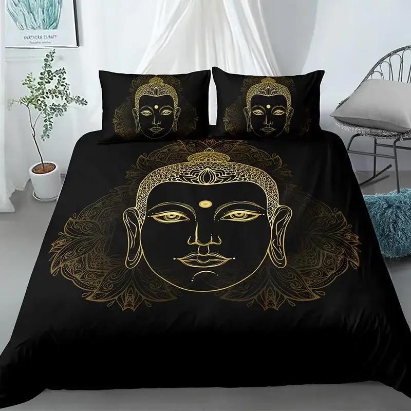Mandala Buddha Bettbezug-Set, Böhmisches Bettwäsche-Set Goldener Schwarzer Lotusblumen-Druck Luxuriöser Mikrofaser-Polyester-Bettdeckenbezug