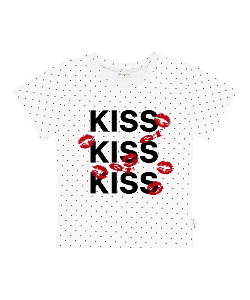ESCAPEFROM Kiss Kiss Kiss Print Dot Slim Fit Short Sleeve T-Shirt Pink