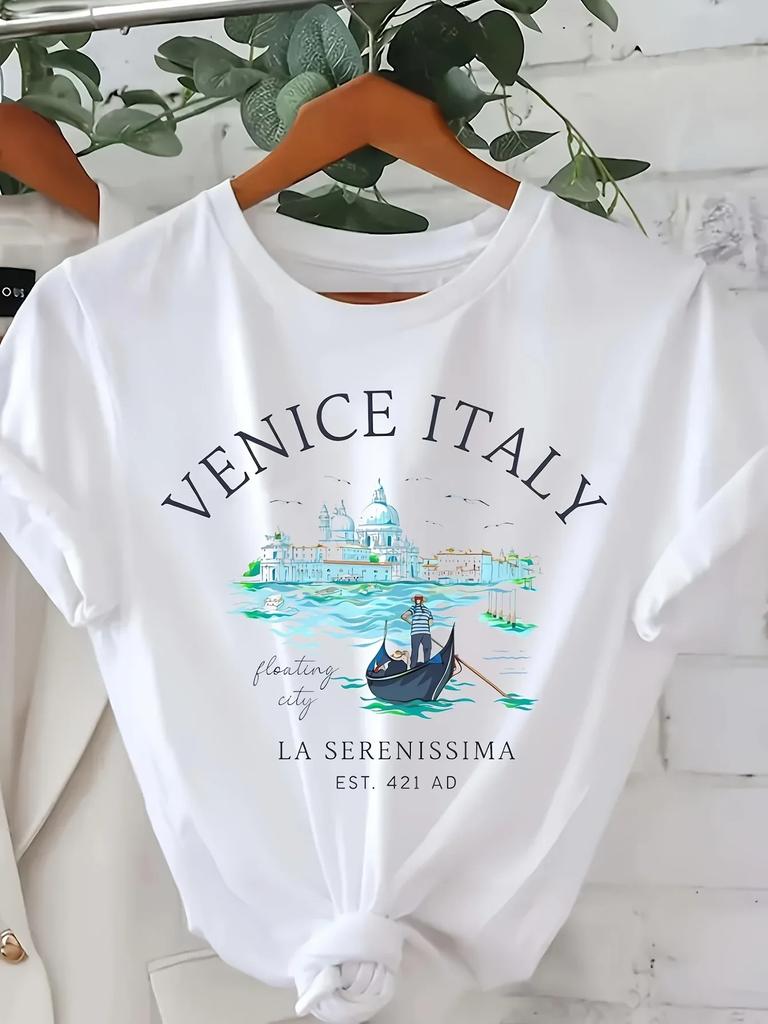 Venice Italy Graphic TShirt Casual Short Sleeve Polyester Knit Fabric with Round Neck Cartoon Print Venice Italy Region Tee