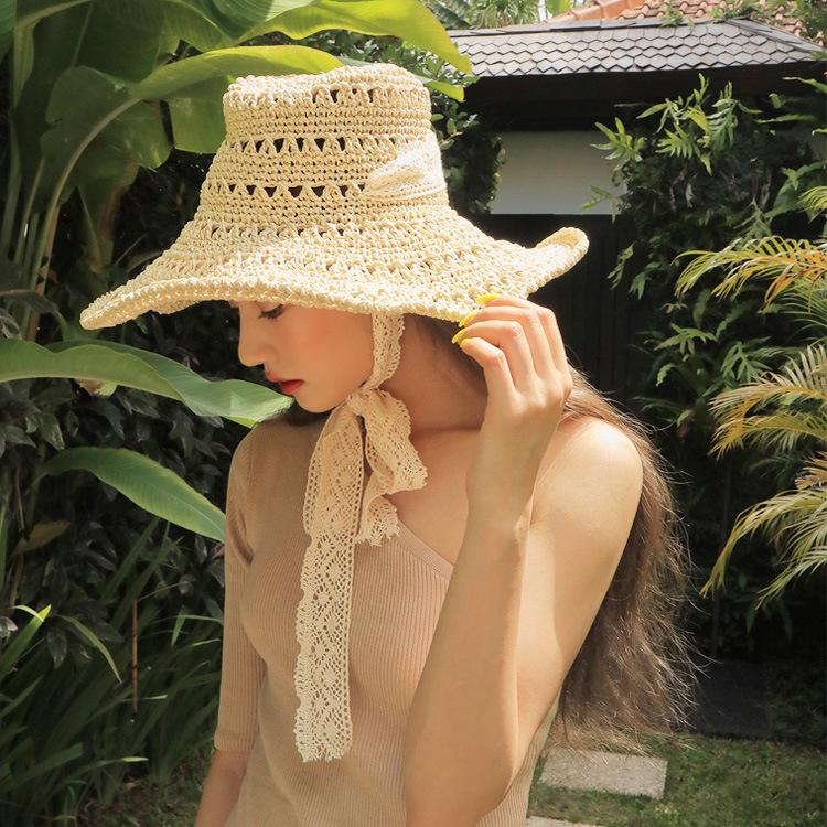 Versatile Style Hat Straw Woven Hollow Lace Strap Womens Sunshade Hatscaps