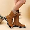 Fashion High-quality Winter Warm Boots Women's Winter Side-pull Lace-up Knitted Mid-tube Boots Low-heeled Round-toe Boots Botas De Mujer