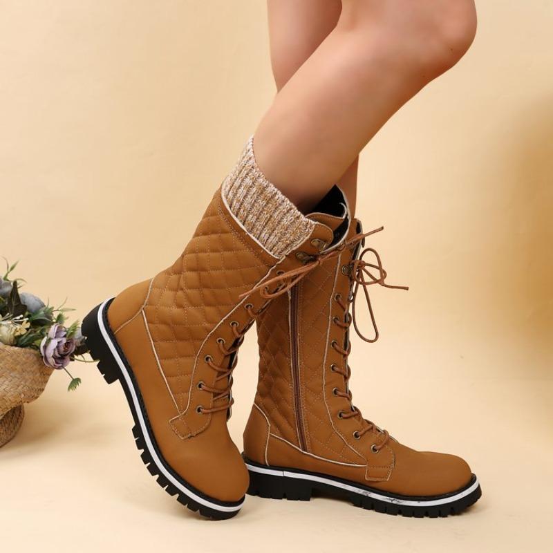 Fashion High-quality Winter Warm Boots Women's Winter Side-pull Lace-up Knitted Mid-tube Boots Low-heeled Round-toe Boots Botas De Mujer
