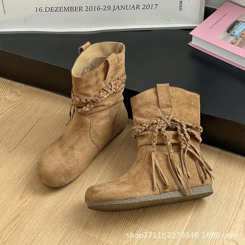 Retro western cowboy boots tassel inner height 2025 velvet autumn and winter outer wear medium tube knight boots round head short boots