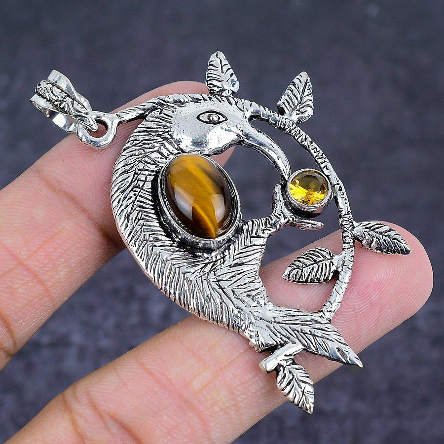 Tiger Eye, Citrine Handmade 925 Sterling Silver Jewelry Pendant 2.56" l8j87
