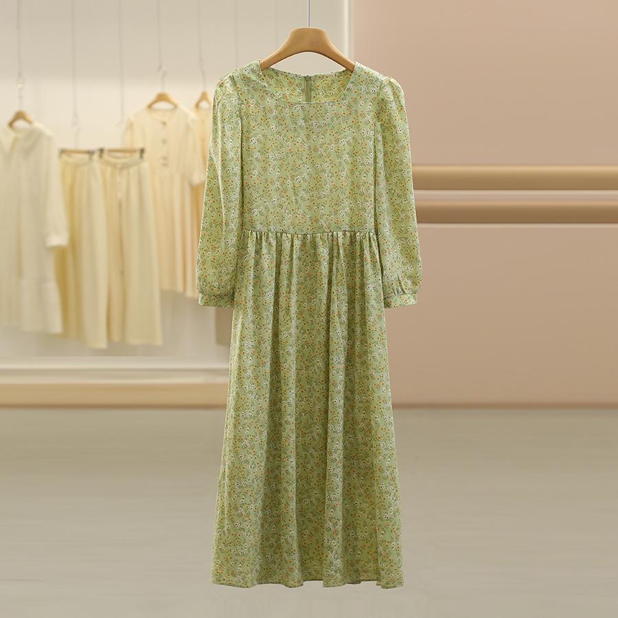 

DS22 Fresh Floral Print Waist-Cinching Slimming Dress, Perfect for Fall Small зелёный/цветочный