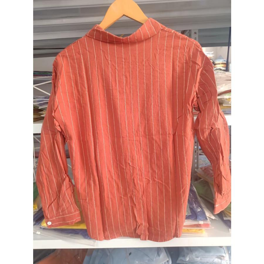 Orange&red Casual Cotton Long Sleeve Shirt Women Lapel Button Up Embroidery Sun Striped Shirts