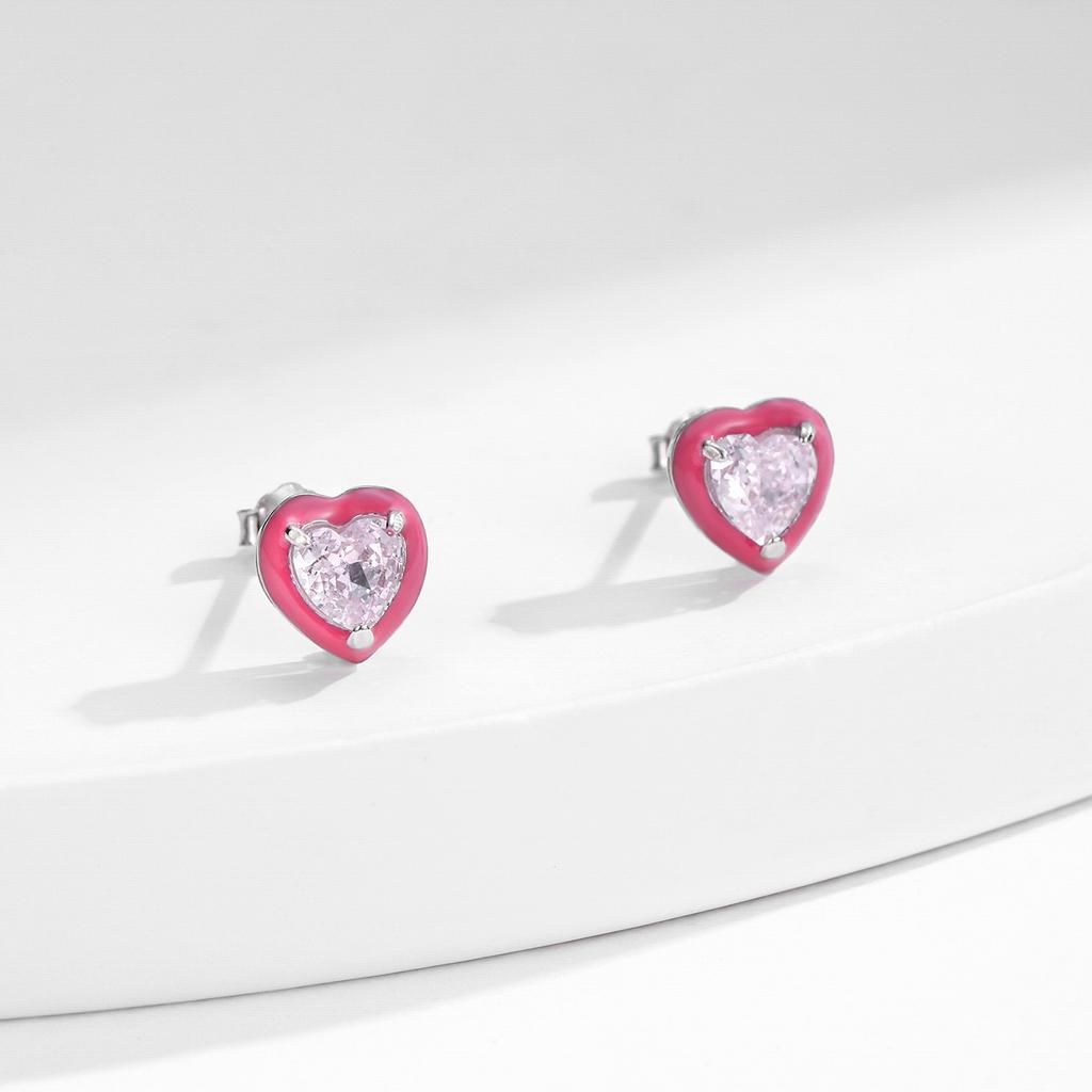 Orecchini Smaltati Multicolore Argento Sterling 925 Lusso Cuore Ovale Taglio Ghiaccio Frantumato Orecchini a Bottone in Zirconia Cubica per Donne Gioielli Raffinati