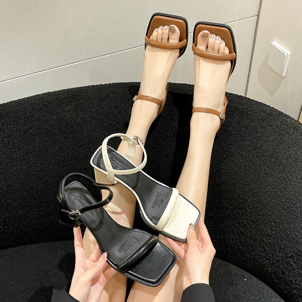 Temperament Sandals Women's 2025 Summer New Square Head Open-toed One-word Buckle High Heels with Skirt and Fairy Shoes