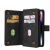 For iPhone 15 Pro Max Zipper Wallet Case with 15 Card Slots and Strap Leather Phone Cover