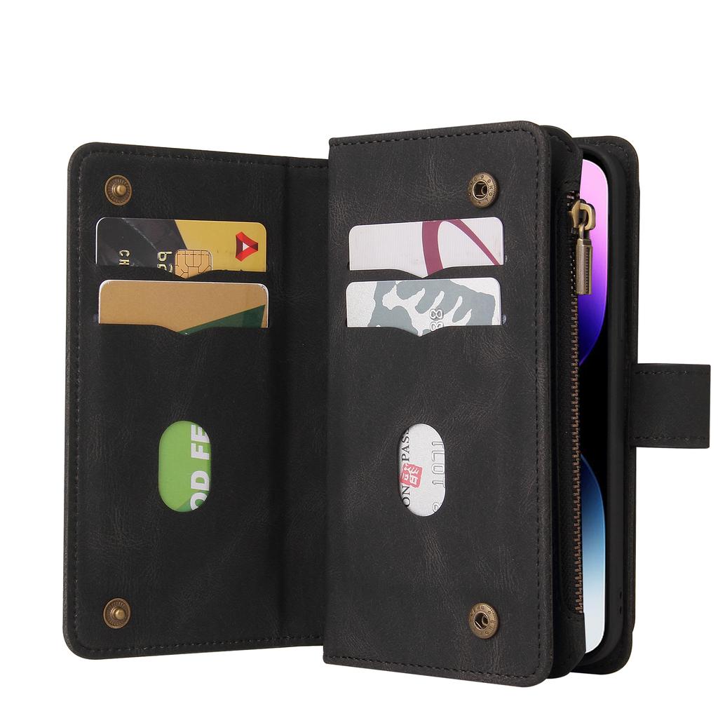 For iPhone 15 Pro Max Zipper Wallet Case with 15 Card Slots and Strap Leather Phone Cover