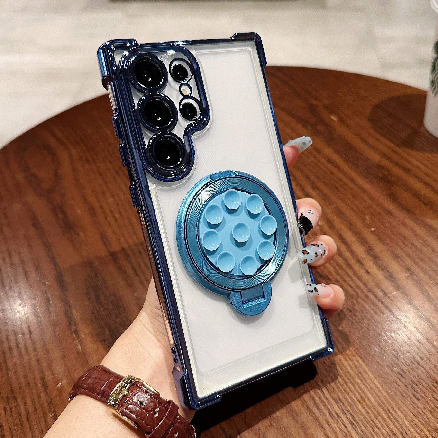 

For Samsung Galaxy S24 Ultra Magnetic Case Suction Cup Kickstand PC Phone Cover with Four Corner Airbag Blue