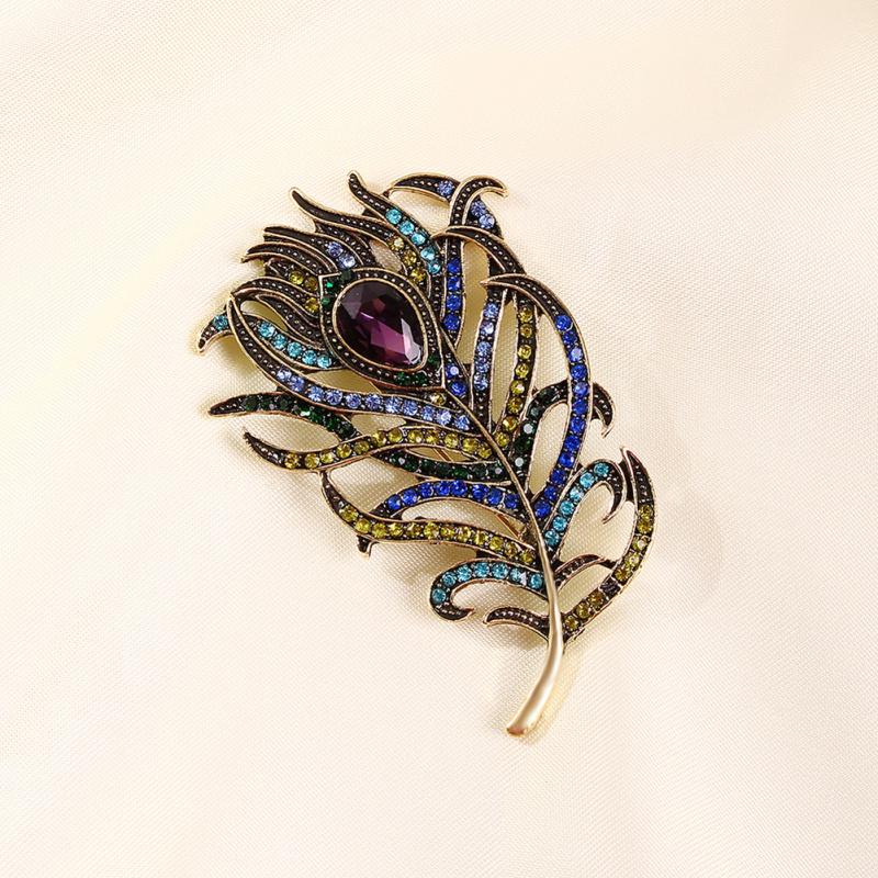 RUI RUI YU Women Vintage Feather Brooch Crystal Gold Metal Accessory for Clothes