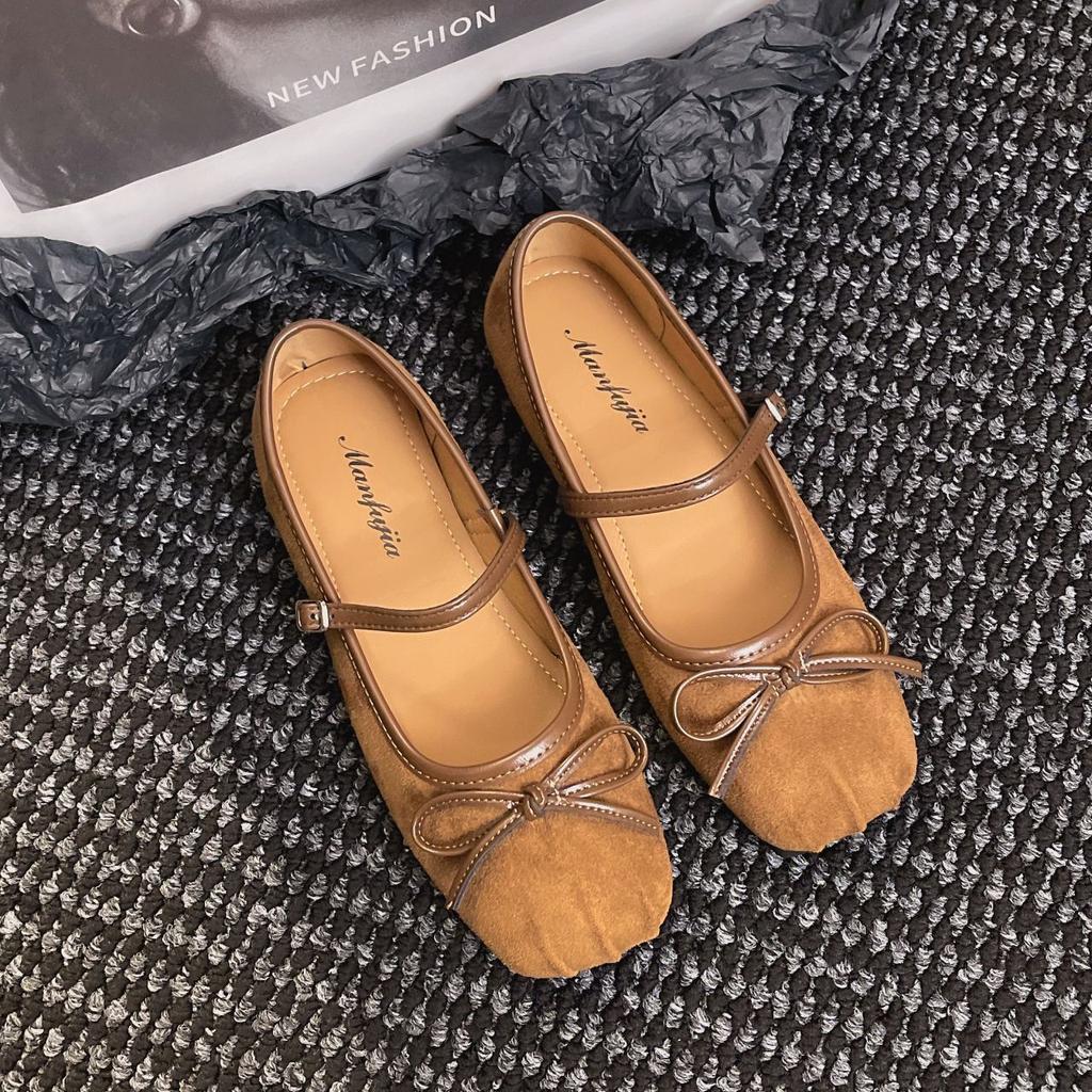 French retro Mary Jane shoes women's 2025 spring new versatile evening bow square head shallow mouth flat sole shoes