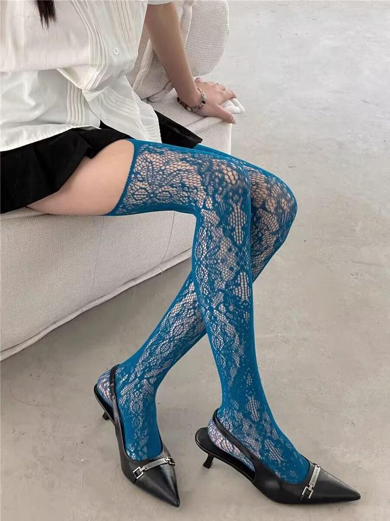 Retro Floral Jacquard Fishnet Stockings, Y2K Black Anti-Snag Stockings for Women