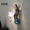 Artistic Wall Lamp for Living Room Fairy Night Light, Resin Elf Sculpture Lantern Bedroom, 3D Flower Hanging Art Decor with Faux Crystal Pendant,