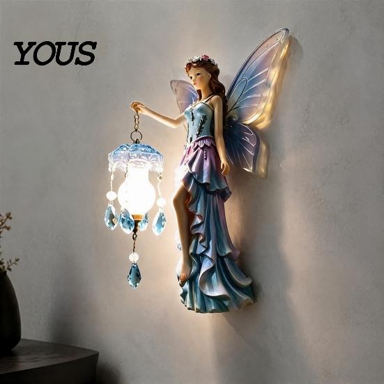 Artistic Wall Lamp for Living Room Fairy Night Light, Resin Elf Sculpture Lantern Bedroom, 3D Flower Hanging Art Decor with Faux Crystal Pendant,