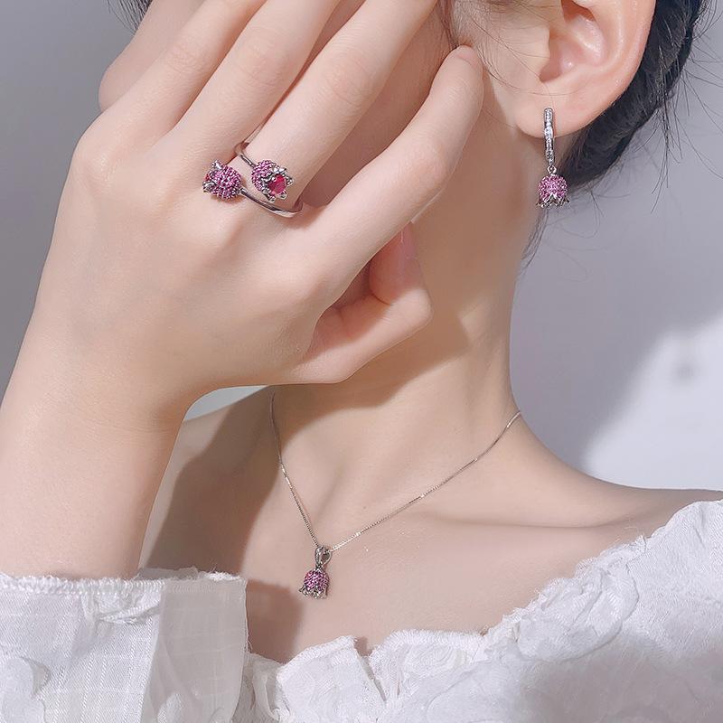 2025 New Set Of Jewelry Necklace Earrings Ring Inlaid Ruby Rose Women's Fashion Simple