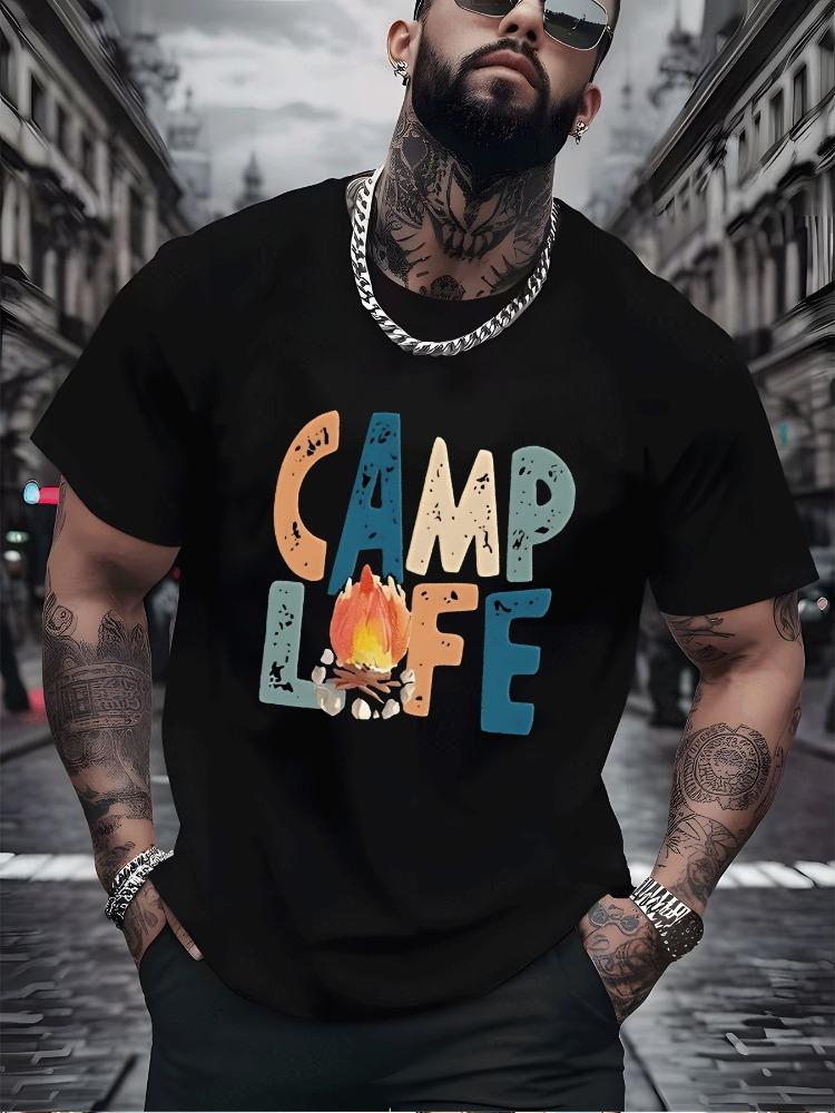 Unisexs Summer Cotton Tee Camp Life Bonfire Letter Print Crew Neck Short Sleeve Casual Loose Outdoor Streetwear Daily Fashion Tops