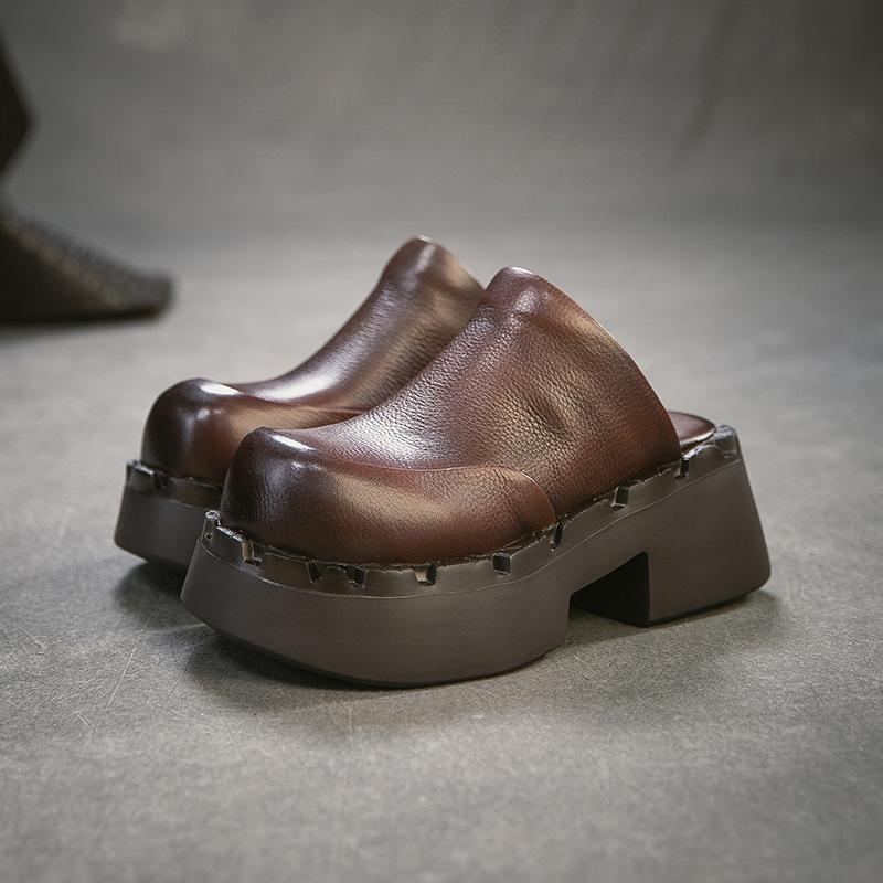 Johnature British Style Genuine Leather Round Toe Thick Heel Slippers Comfortable Thick Soled Women's Shoes