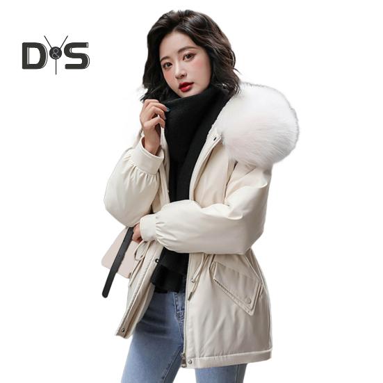 Jaqueta feminina acolchoada, casaco forrado de pelúcia com cordão na cintura, jaqueta acolchoada quente de inverno com capuz de pele sintética para trabalho, moda urbana