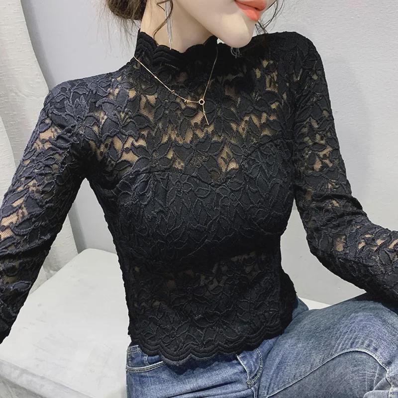 2021 Autumn Stand-up Collar Lace Long Sleeve Hollow Slimming Women's Top