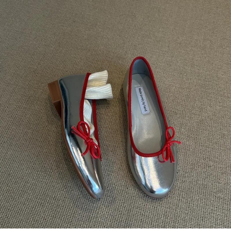 

Sheepskin version~ bow-tied silver ballet shoes for women, one-pedal grandma shoes, round head, light mouth, flat-soled single shoes for women 35 срібний