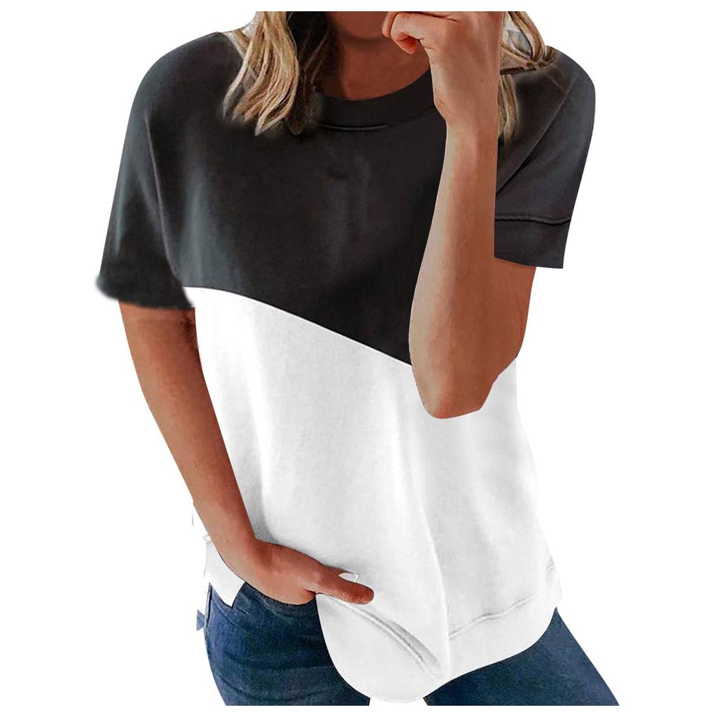 Women's Casual Fashion Short-Sleeved Stitching Round Neck Pullover Thin T-shirt